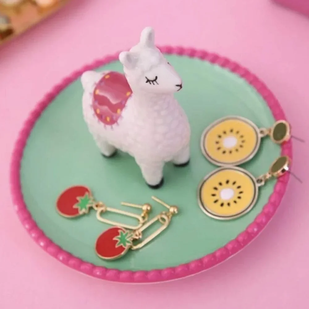 🌺 Llama Cute Pink & Green Ceramic Jewelry Trinket Dish NWOT